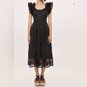 Ulla Johnson Leona Midi Black Ruffled Crochet-Hem Midi Dress